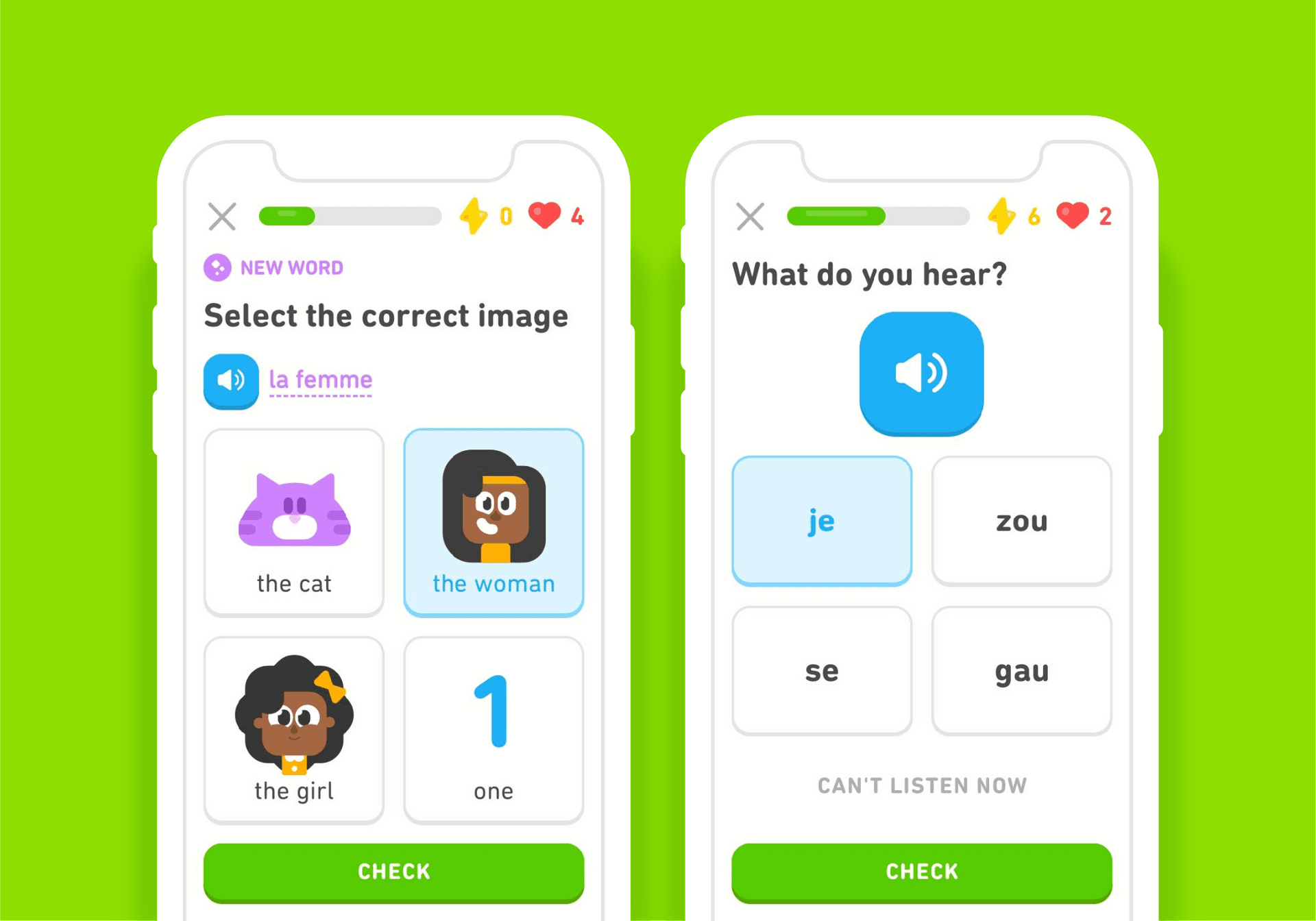 Duolingo French lesson screens showing image and audio-based vocabulary exercises with options to select the correct answer.