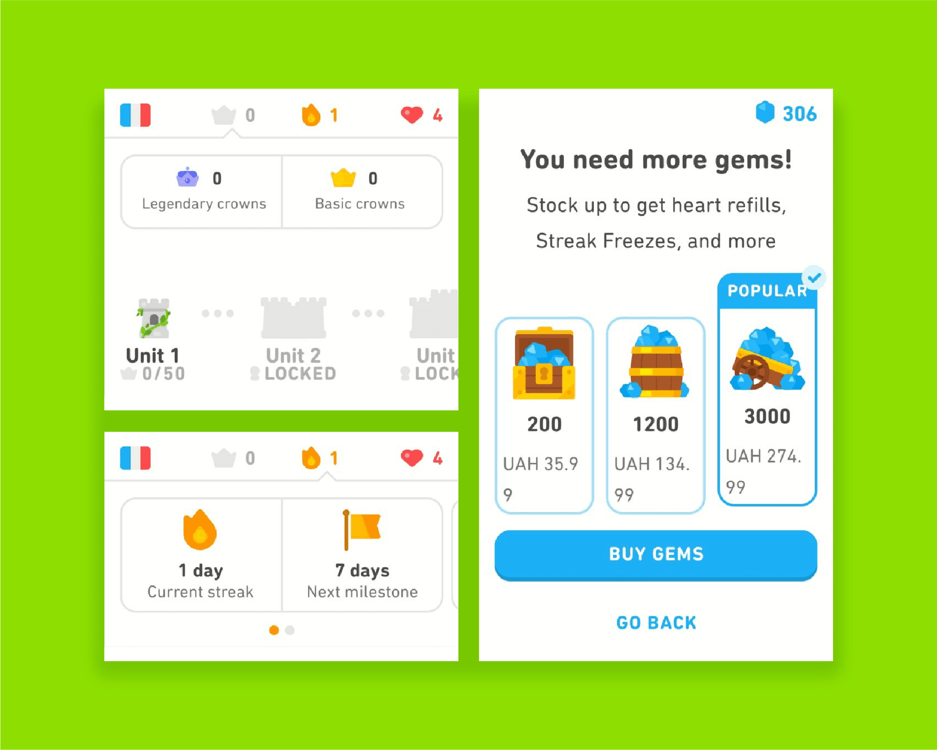 Duolingo app screen showing user progress with units and streak milestones, alongside gem purchase options for in-app rewards and upgrades.