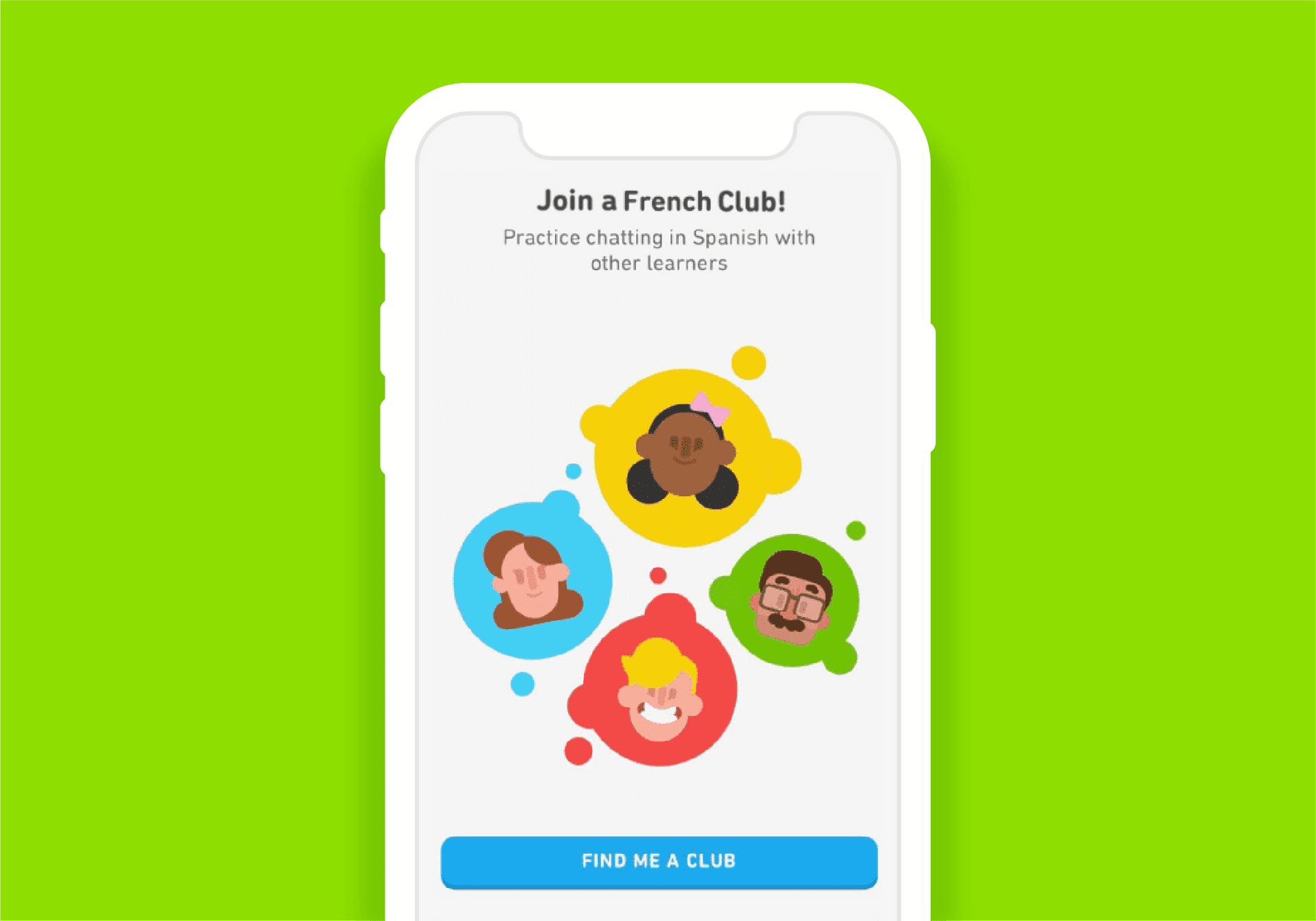 Duolingo app screen prompting users to join a French club, with illustrated avatars and a "Find Me a Club" button.