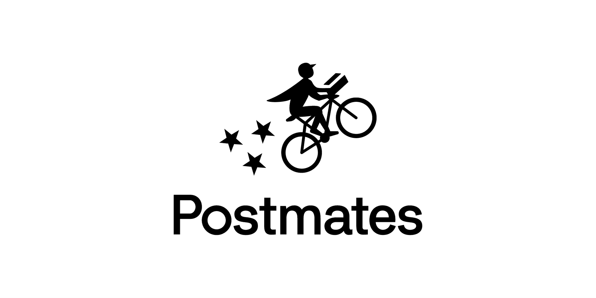 Postmates logo featuring a delivery person on a bicycle with a cape, carrying a package and trailing three stars, with the word "Postmates" below.