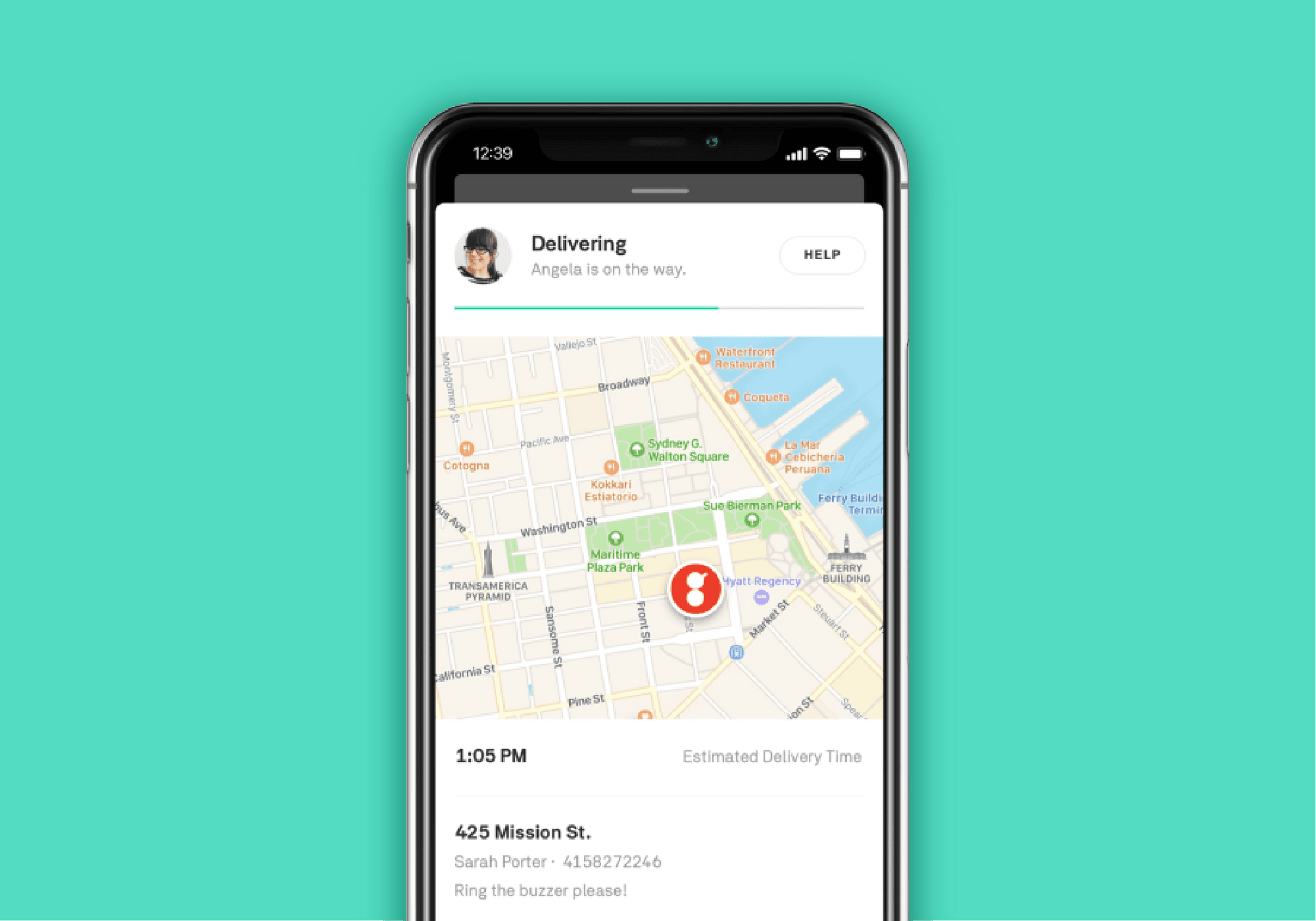 Postmates app interface on a smartphone showing real-time delivery tracking map with courier details, delivery address, and estimated delivery time.