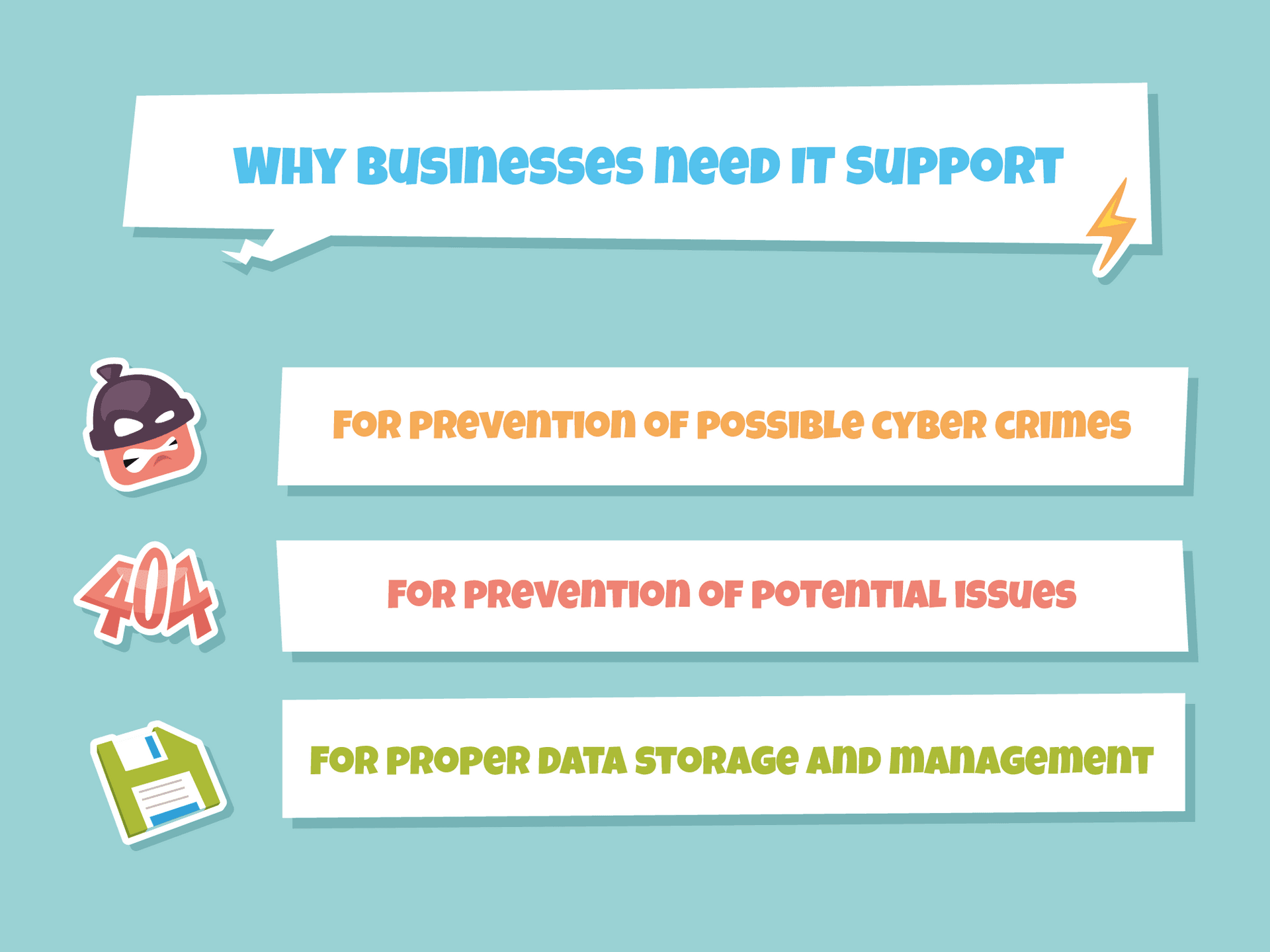 Infographic explaining why businesses need IT support: for cyber crime prevention, preventing potential issues, and proper data storage and management.