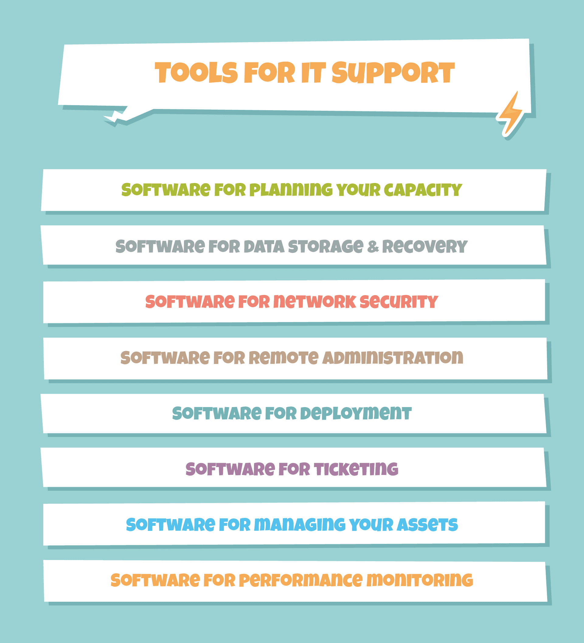 IT support tools: Capacity planning, data storage, network security, remote admin, deployment, ticketing, asset management, performance monitoring