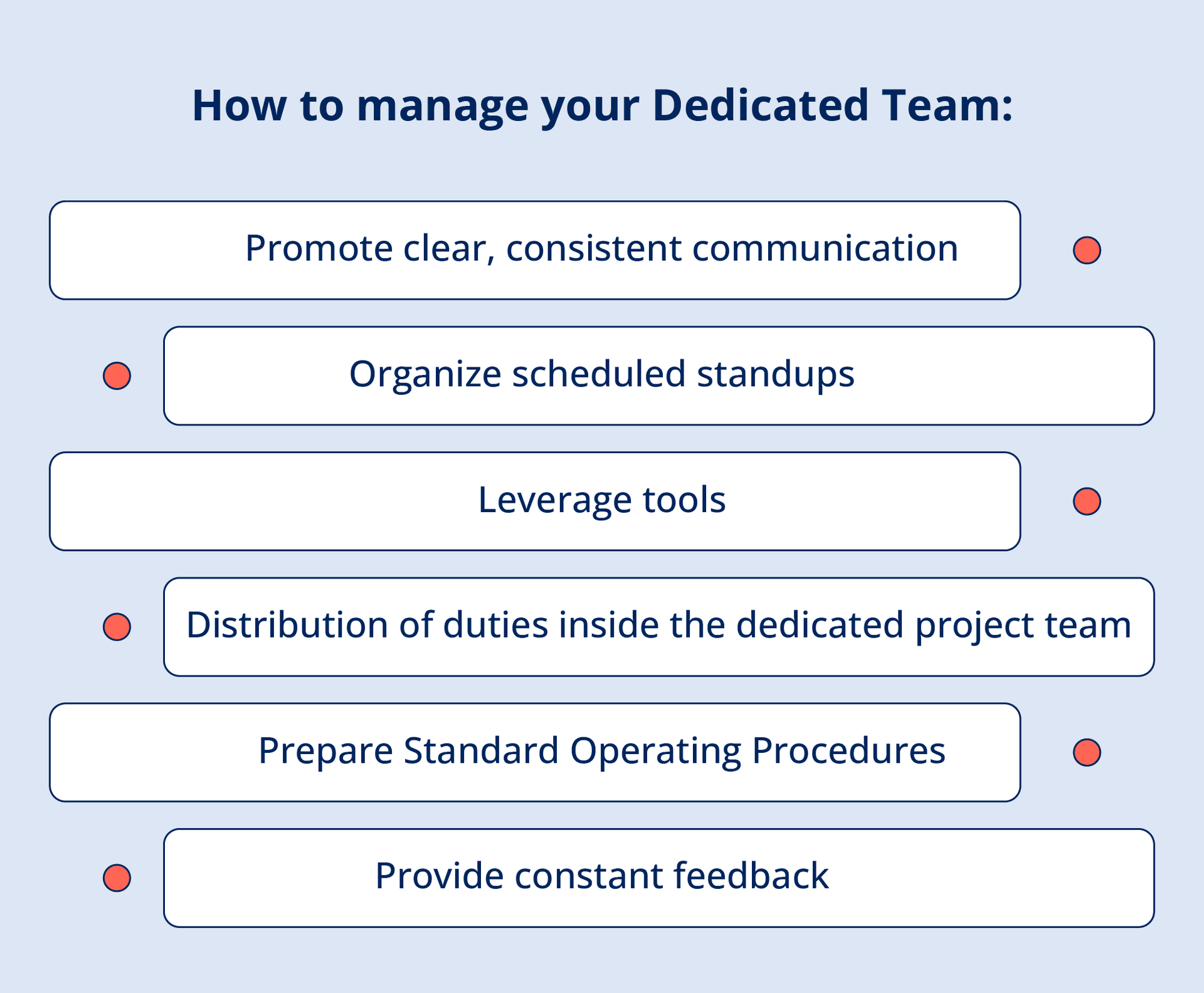 Infographic listing best practices for managing a dedicated team, including communication, standups, tools, task distribution, SOPs, and feedback.