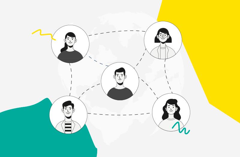 Illustration of five connected cartoon-style user avatars representing a network or team collaboration.