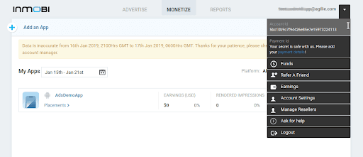 InMobi dashboard displaying app monetization data with a dropdown menu showing account options like funds, earnings, and account settings.