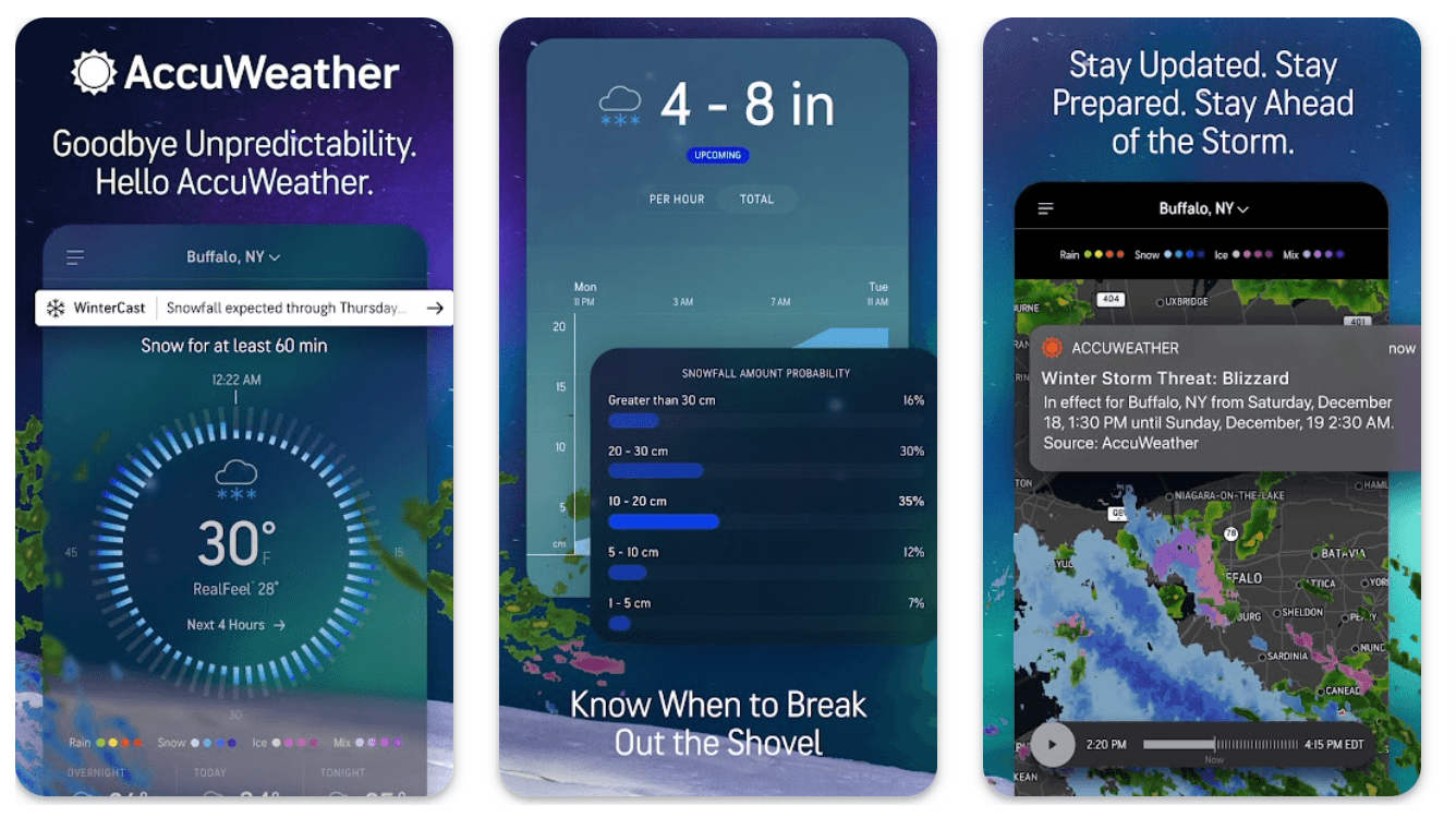 AccuWeather mobile app screenshots showing snowfall forecast, snow probability chart, and blizzard alert with radar map for Buffalo, NY.