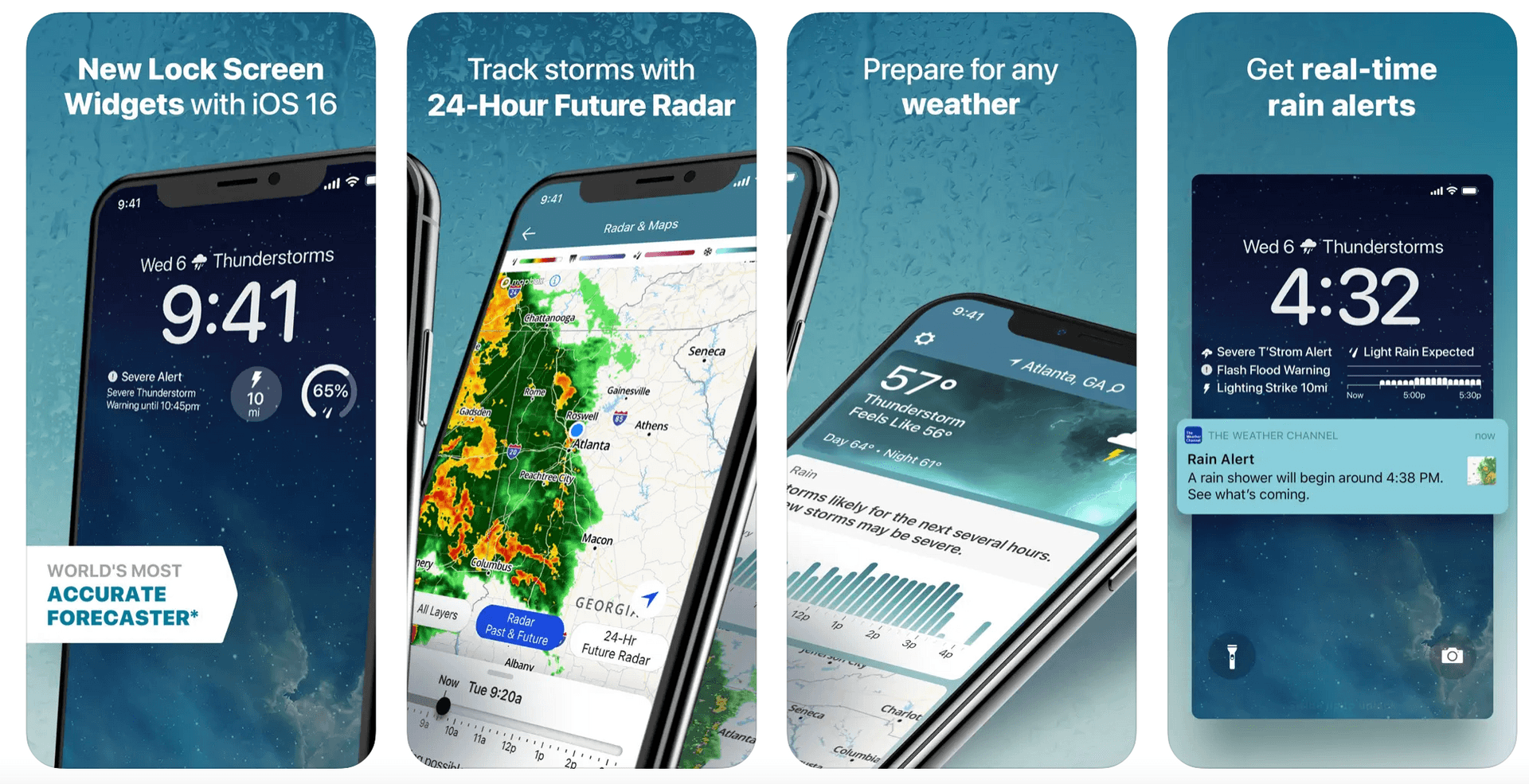 The Weather Channel app showcasing iOS 16 lock screen widgets, storm tracking with 24-hour radar, weather preparation tips, and real-time rain alerts.