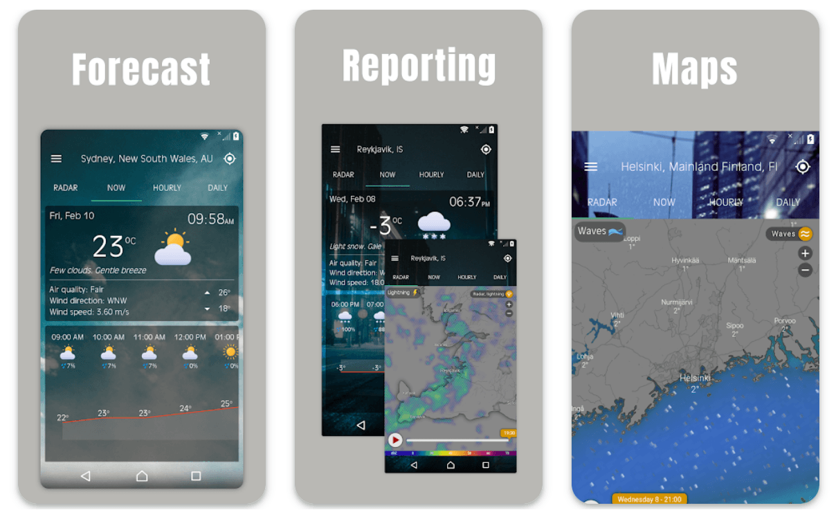Weather app interface showing forecast data in Sydney, weather reporting in Reykjavik with radar overlays, and a detailed weather map view of Helsinki, Finland.