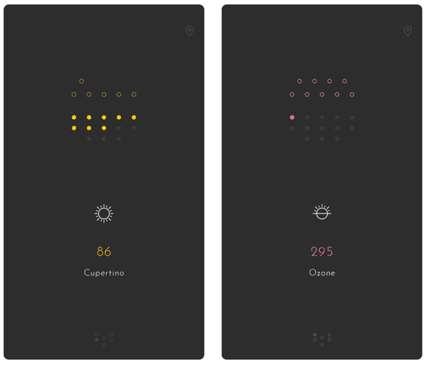 Minimalist air quality app interface showing AQI values for Cupertino and Ozone with color-coded pollution indicators and simple sun icons on a dark background.
