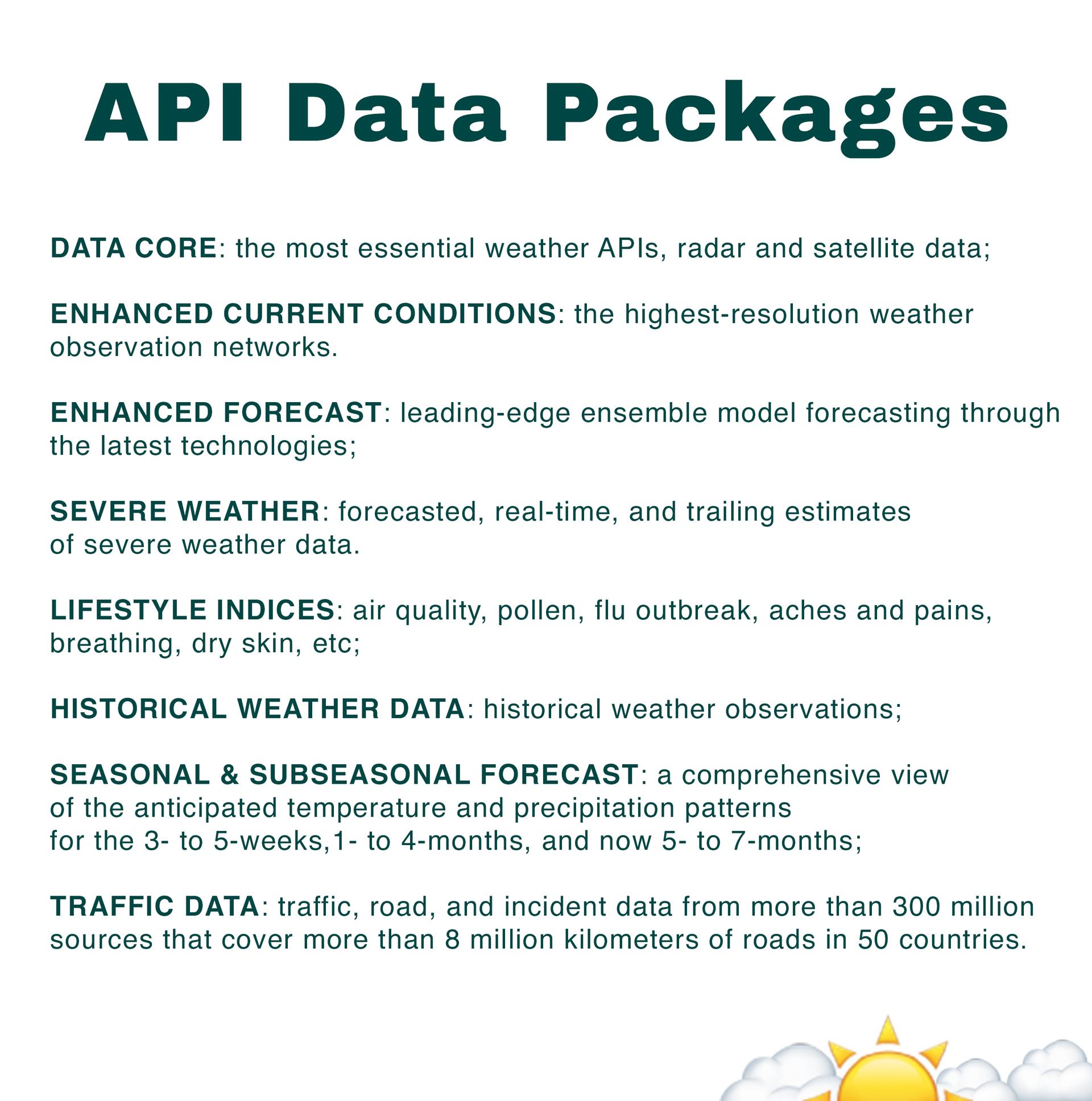 Overview of API data packages including core weather data, enhanced forecasts, severe weather tracking, lifestyle indices, historical data, seasonal forecasts, and traffic data.