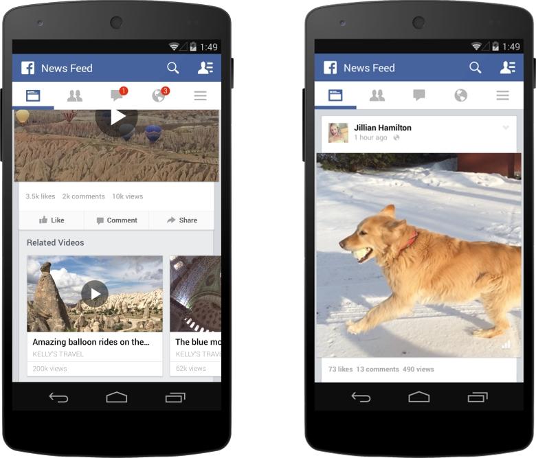 Facebook mobile app news feed showing video posts; left screen displays a hot air balloon video with related videos, right screen features a video of a golden retriever running in the snow.