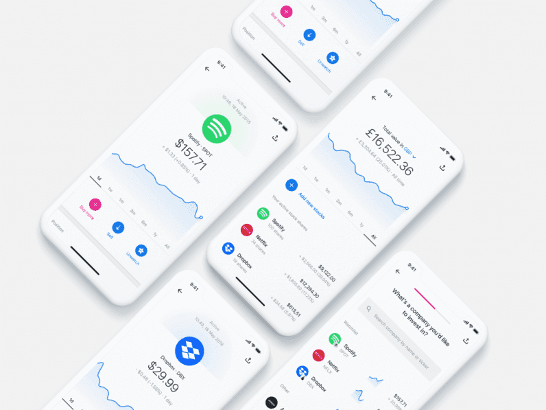 Multiple smartphone screens displaying a stock trading or investment app interface with company stocks like Spotify, Netflix, and Dropbox.