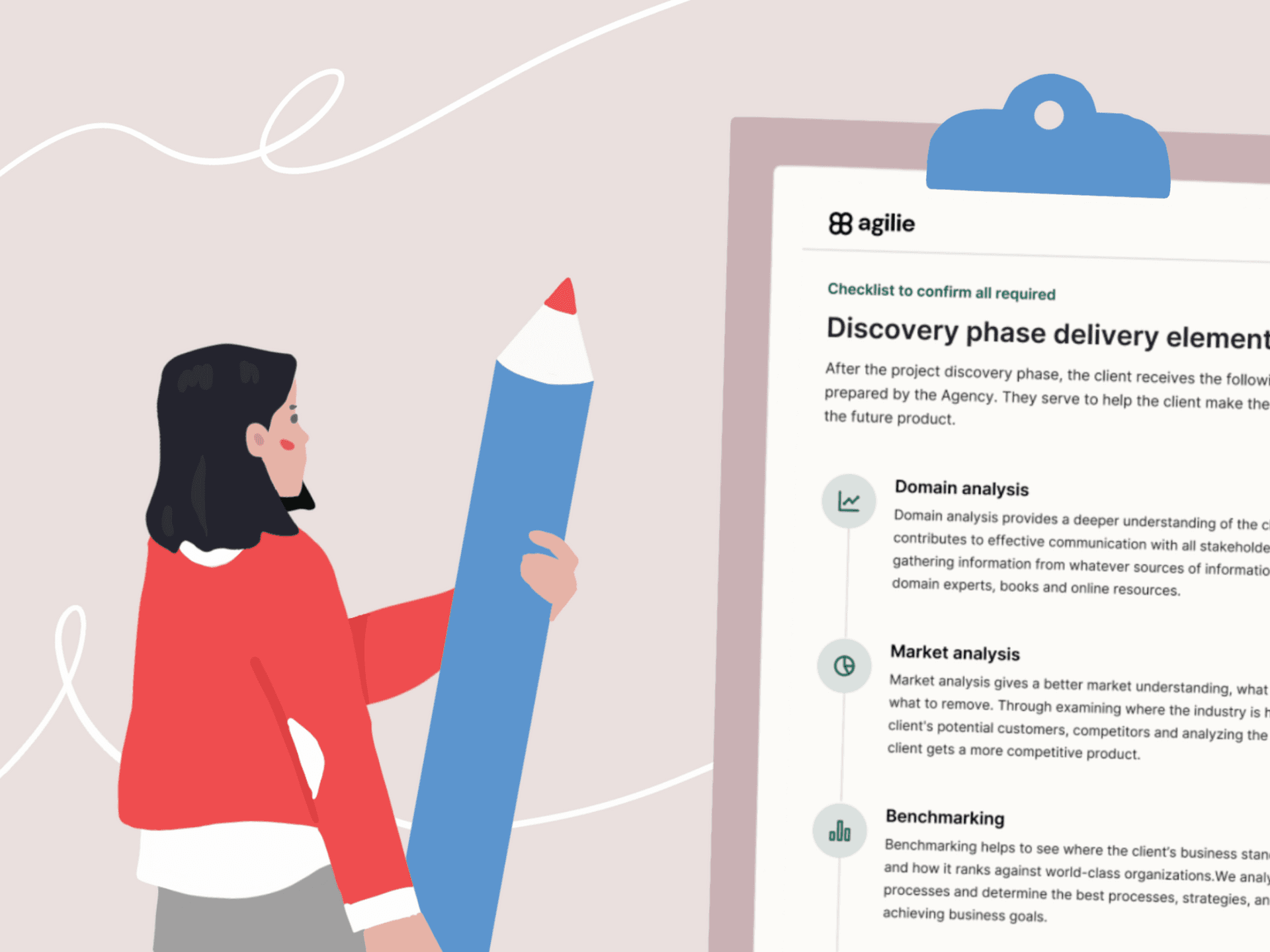 Agile project discovery phase checklist including domain analysis, market research, and competitive benchmarking