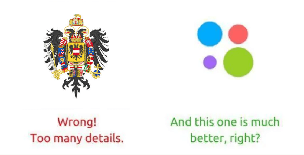 Comparison between a complex heraldic emblem labeled "Wrong! Too many details." and a simplified colorful dot logo labeled "And this one is much better, right?" highlighting minimalist design preference.