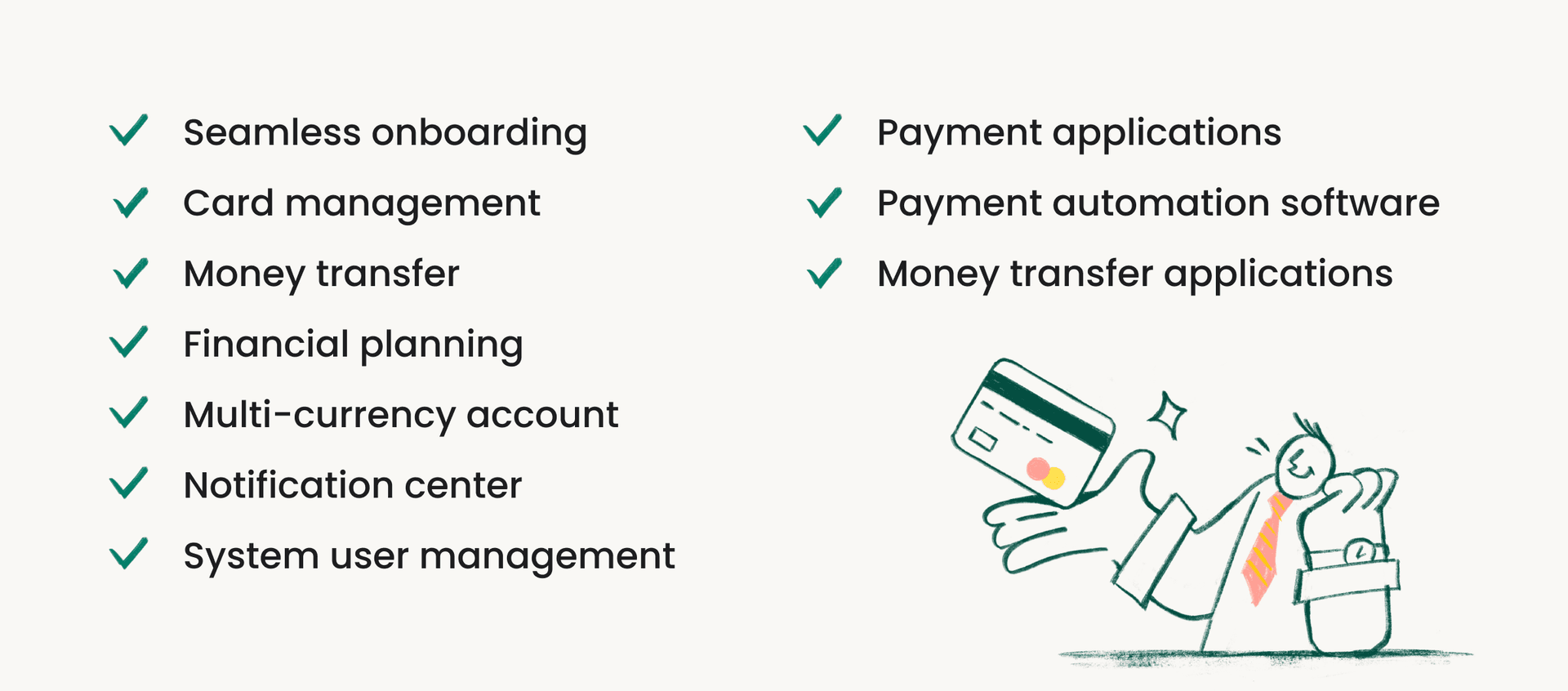 Checklist of key fintech app features including onboarding, card management, money transfer, financial planning, multi-currency support, and payment automation.