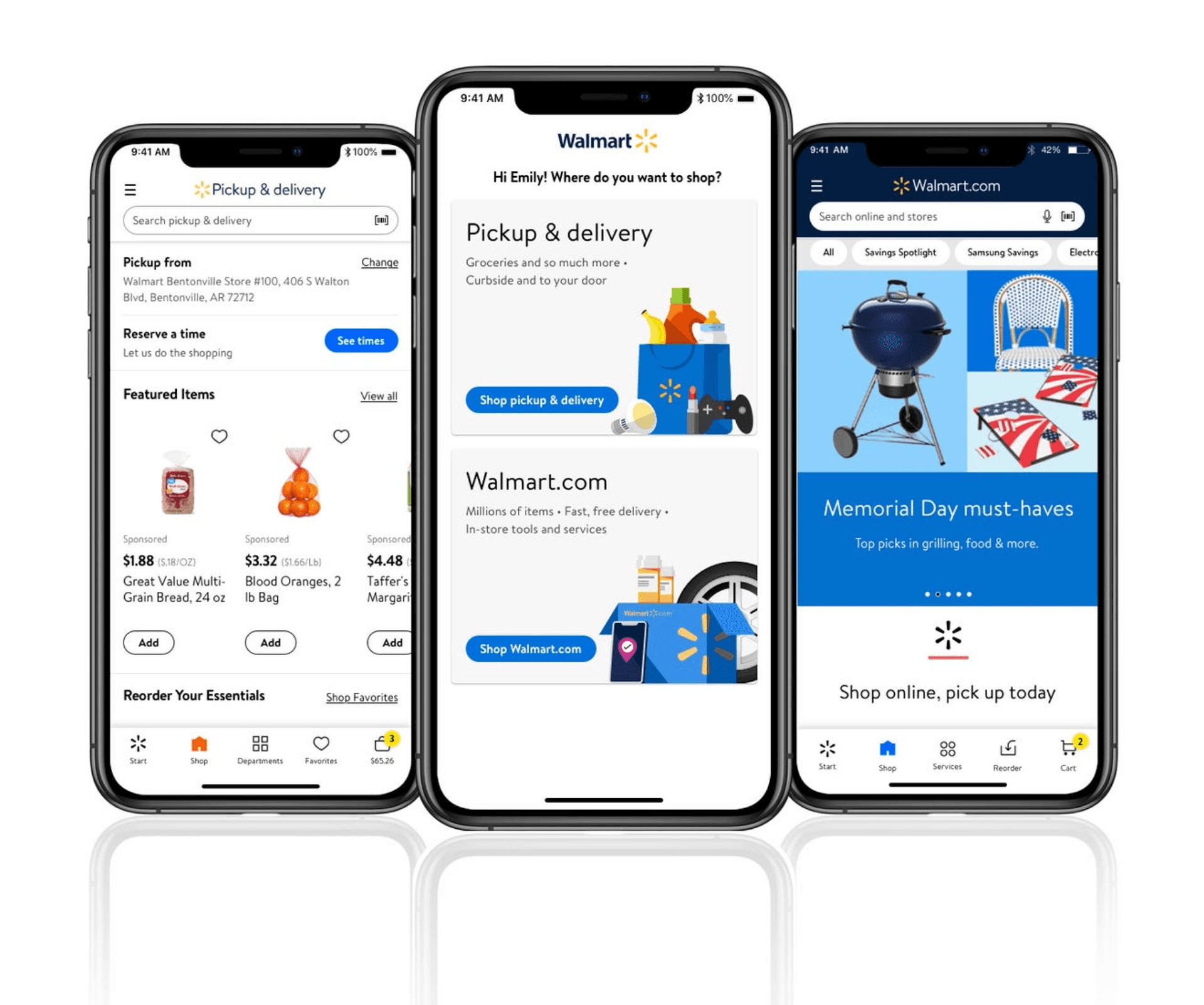 Three mobile screens showing Walmart's app interface for grocery pickup and delivery, online shopping, and Memorial Day product promotions.