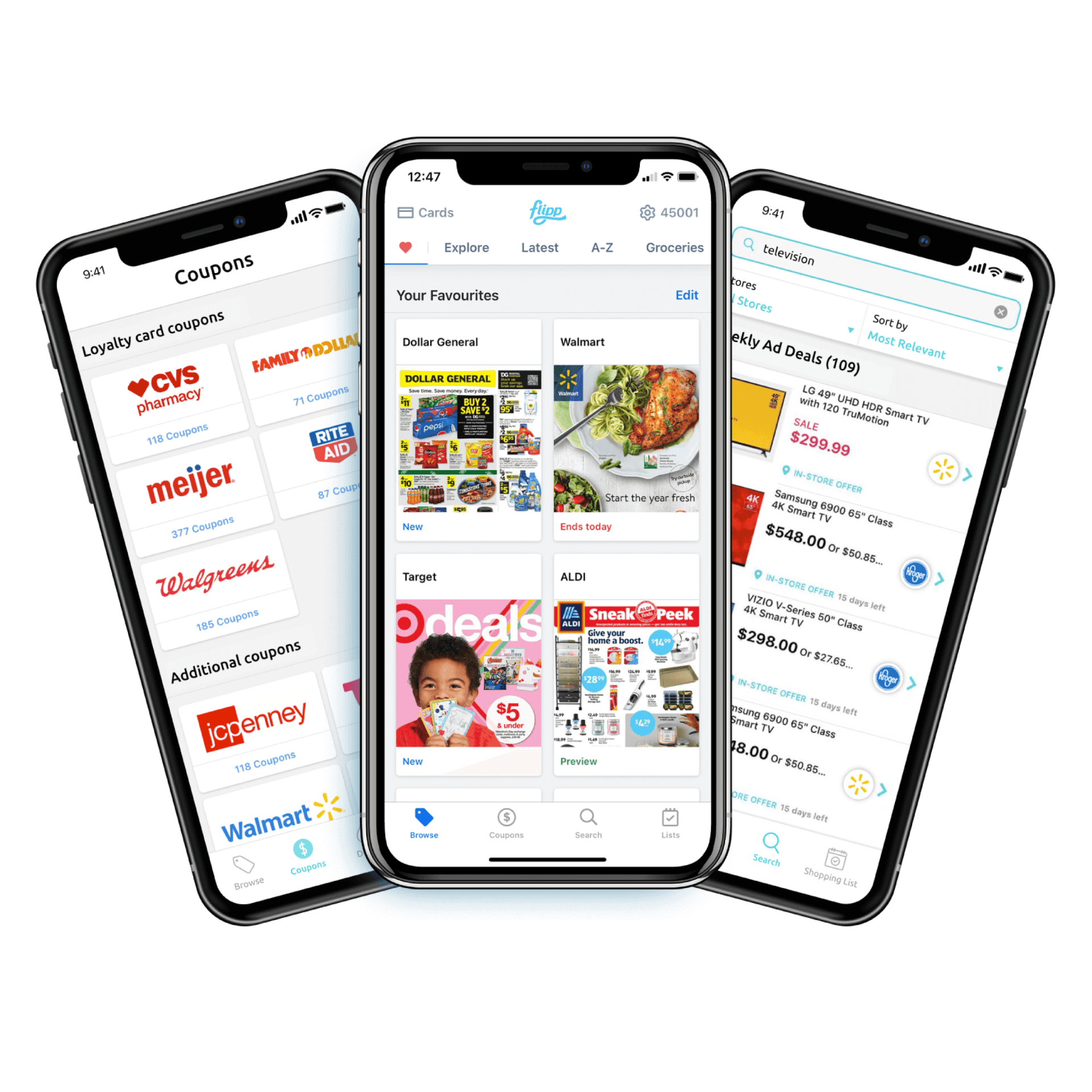 Three smartphones displaying the Flipp app interface featuring store coupons, weekly ad flyers, and product deals from retailers like CVS, Walmart, and Target.