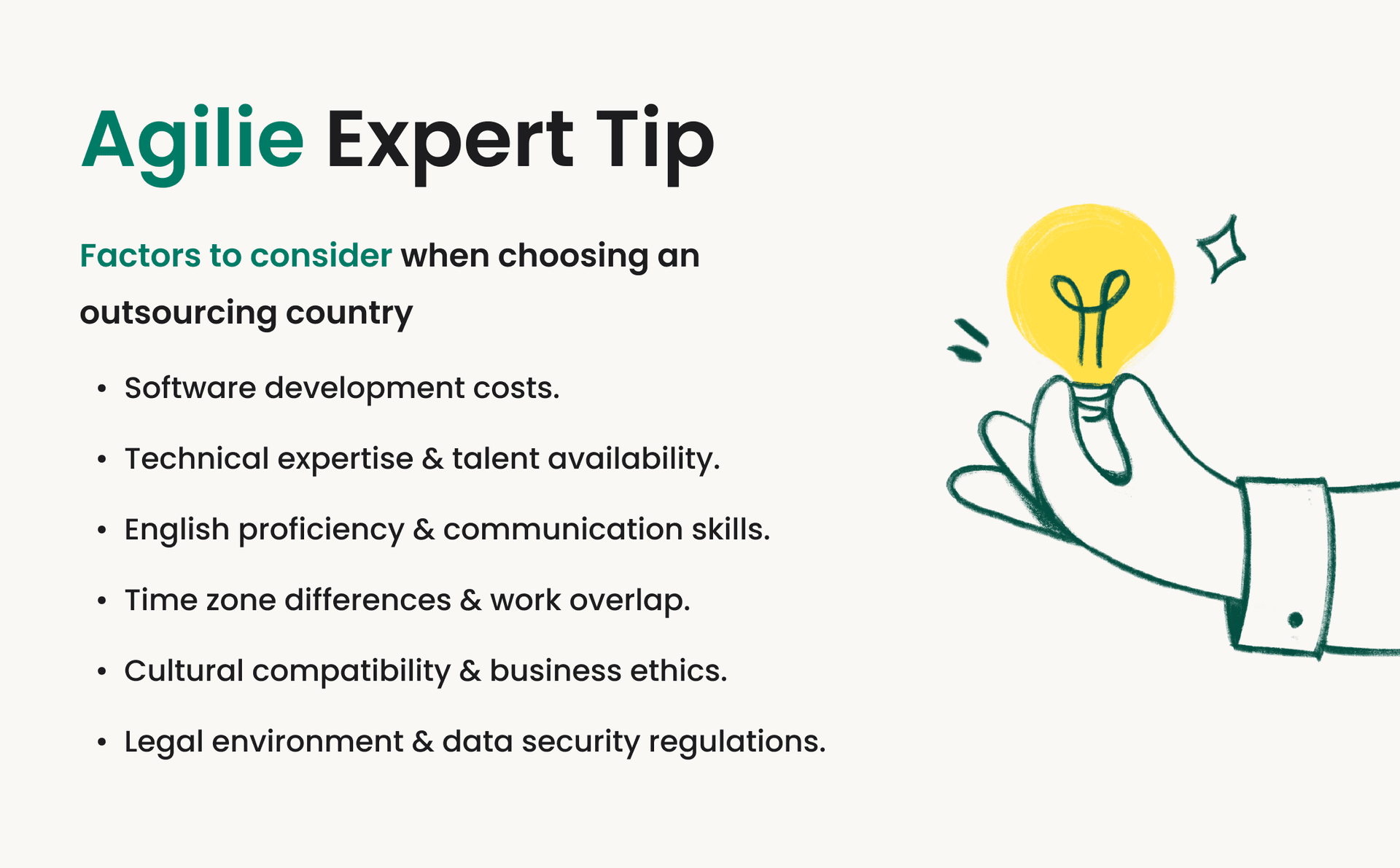 Factors for choosing an IT outsourcing country: cost, expertise, communication, regulations, time.