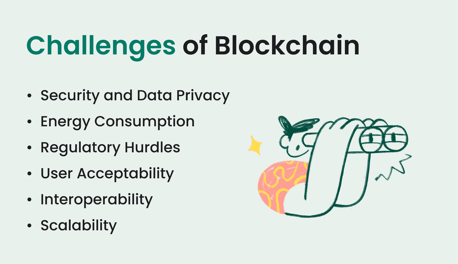 List of common Challenges of Blockchain technology, including security, energy consumption, and scalability, next to an illustration of hands holding binoculars.