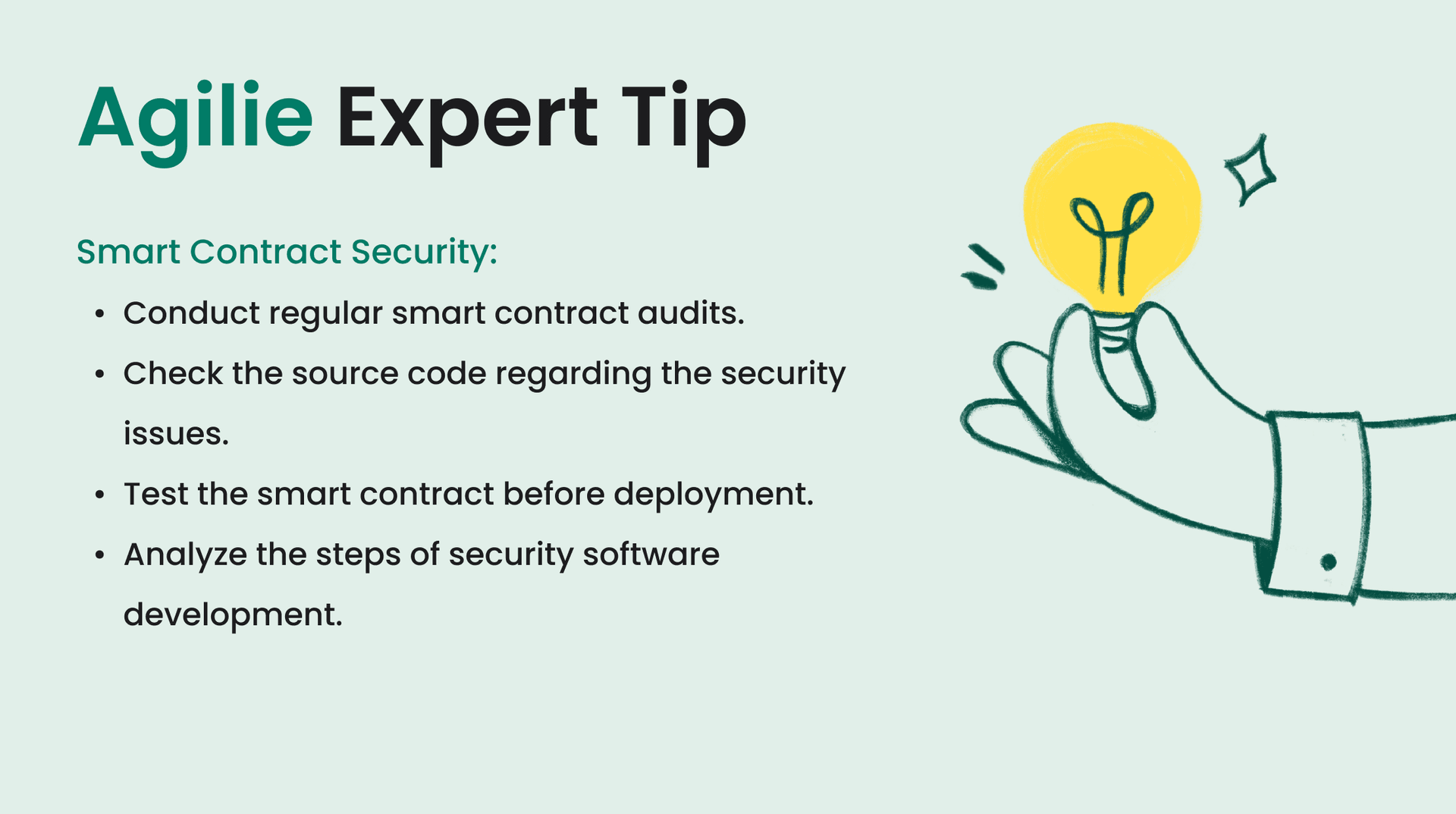Smart contract security tips infographic from Agilie with a checklist for audits, code reviews, testing, and secure development practices, alongside a hand holding a glowing lightbulb.