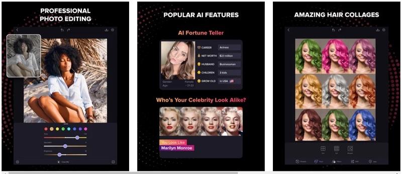 App interface showcasing features like professional photo editing, AI-based celebrity look-alike and fortune teller tools, and colorful hair collage transformations.
