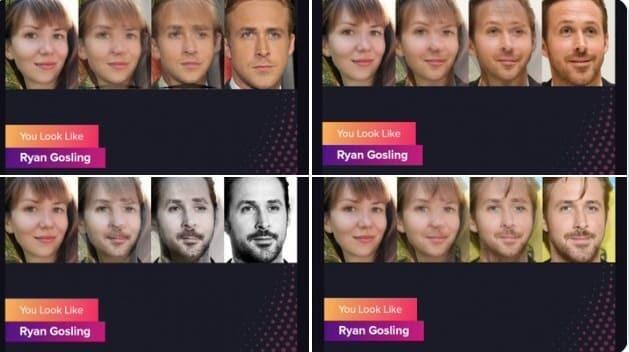 Collage of AI-generated celebrity look-alike results repeatedly matching the same person to Ryan Gosling using facial transformation filters.