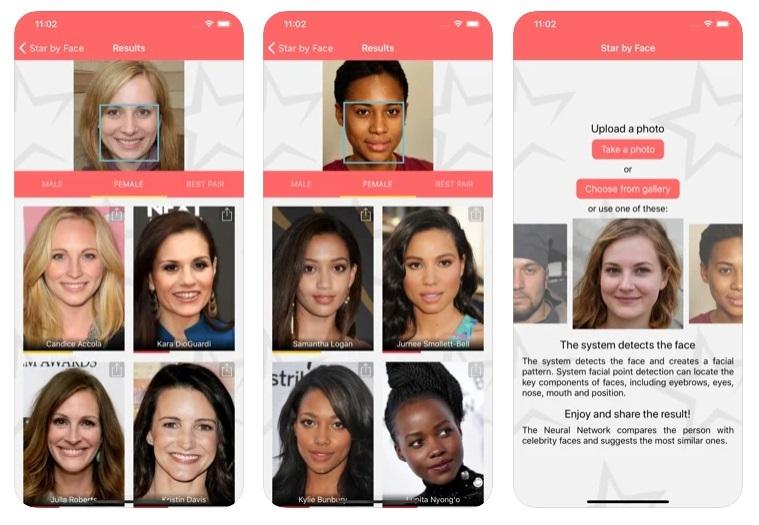 Mobile app interface of a celebrity look-alike finder showing photo uploads, facial detection, and results with matching celebrities for both male and female categories.