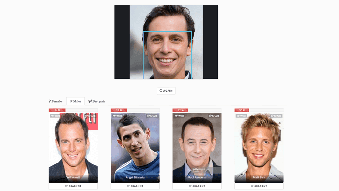 Celebrity look-alike app result showing a user's uploaded photo matched with celebrities including Will Arnett, Ángel Di María, Paul Reubens, and Matt Barr.