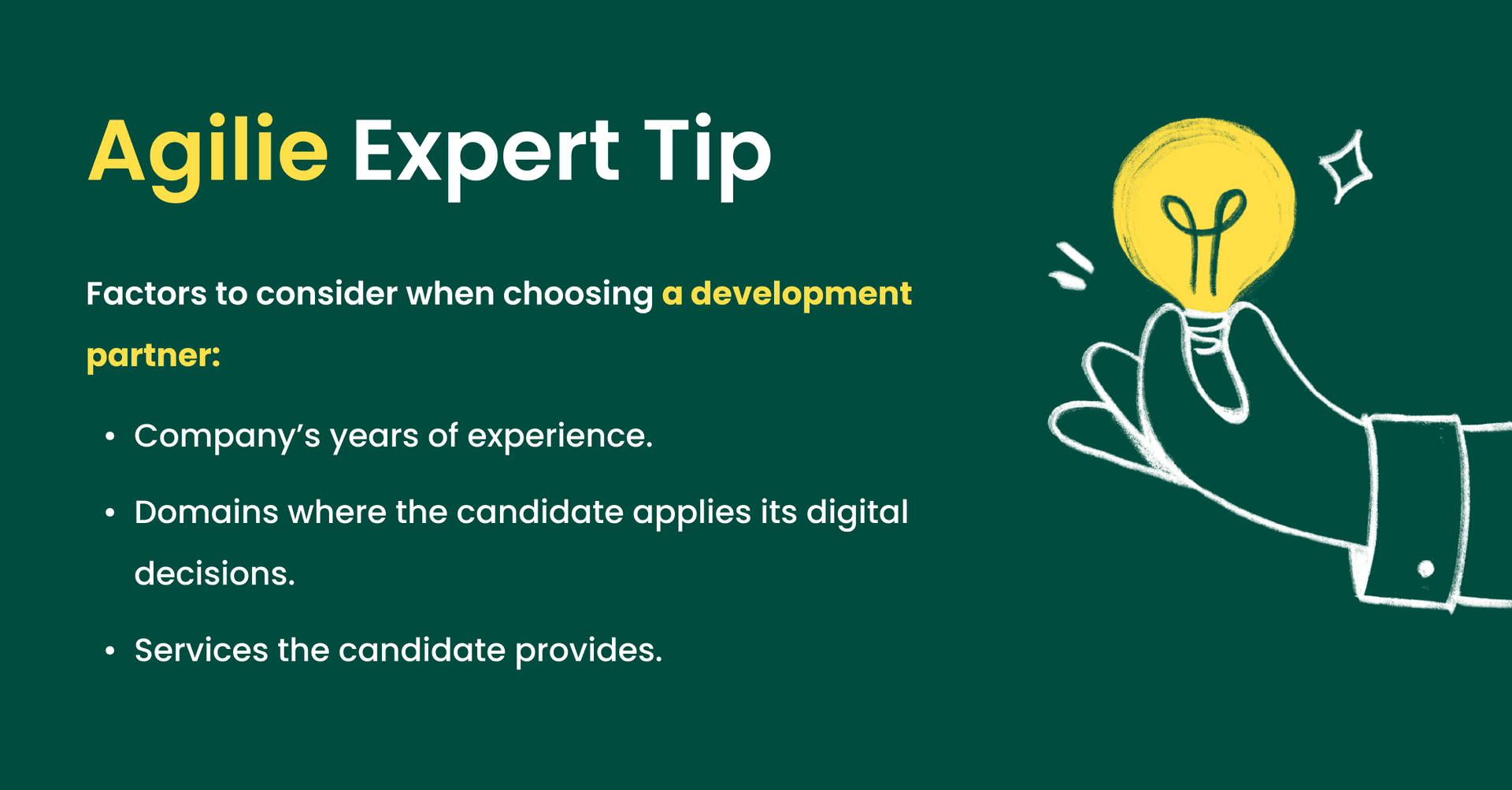 Infographic titled “Agilie Expert Tip” listing key factors for selecting a development partner, including company experience, applicable domains, and offered services, with a hand holding a glowing lightbulb illustration.