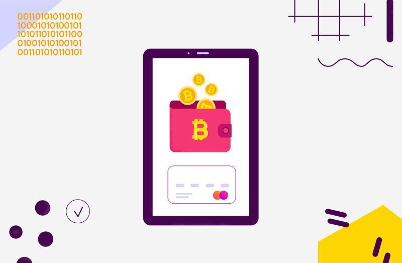 Digital Bitcoin wallet mobile app interface showing cryptocurrency coins and payment card with binary code background