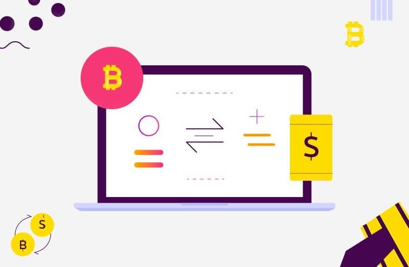 Bitcoin to dollar currency exchange platform on laptop showing cryptocurrency trading interface with conversion symbols