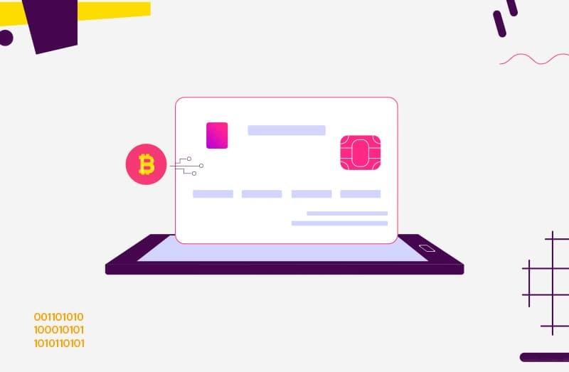 Alt text: "Bitcoin payment processing system on laptop showing cryptocurrency transaction interface with digital payment card integration