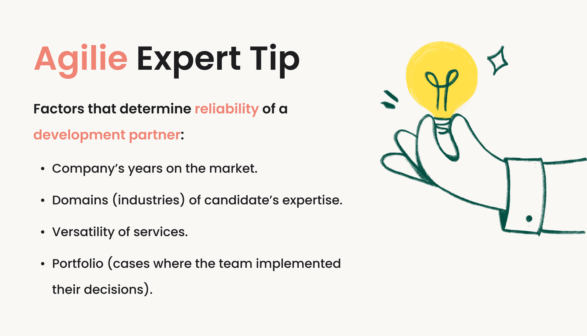Agile expert tips for choosing reliable development partners including market experience, expertise domains, service versatility, and portfolio