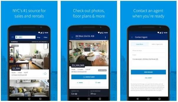 Screenshots of a real estate app showing NYC apartment listings, detailed photos and floor plans, and a contact agent form