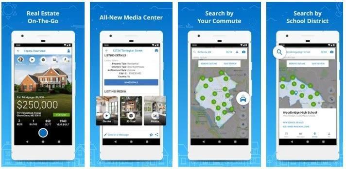Screenshots of a real estate app featuring property listings, media center, commute search, and school district search options