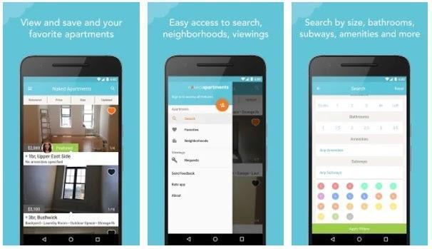 Screenshots of an apartment app featuring favorite apartment views, neighborhood search options, and filters for size, bathrooms, subways, and amenities