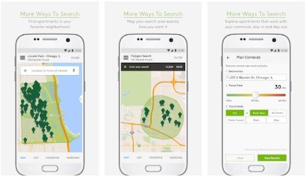 Screenshots of a real estate app showing neighborhood search in Chicago, polygon search on a map, and commute planning options