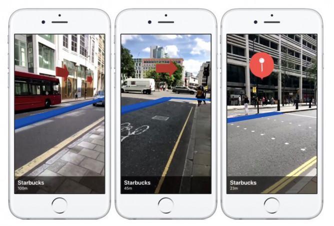 Three smartphone screens showing augmented reality navigation to a Starbucks location, with distances displayed as 100m, 45m, and 23m.