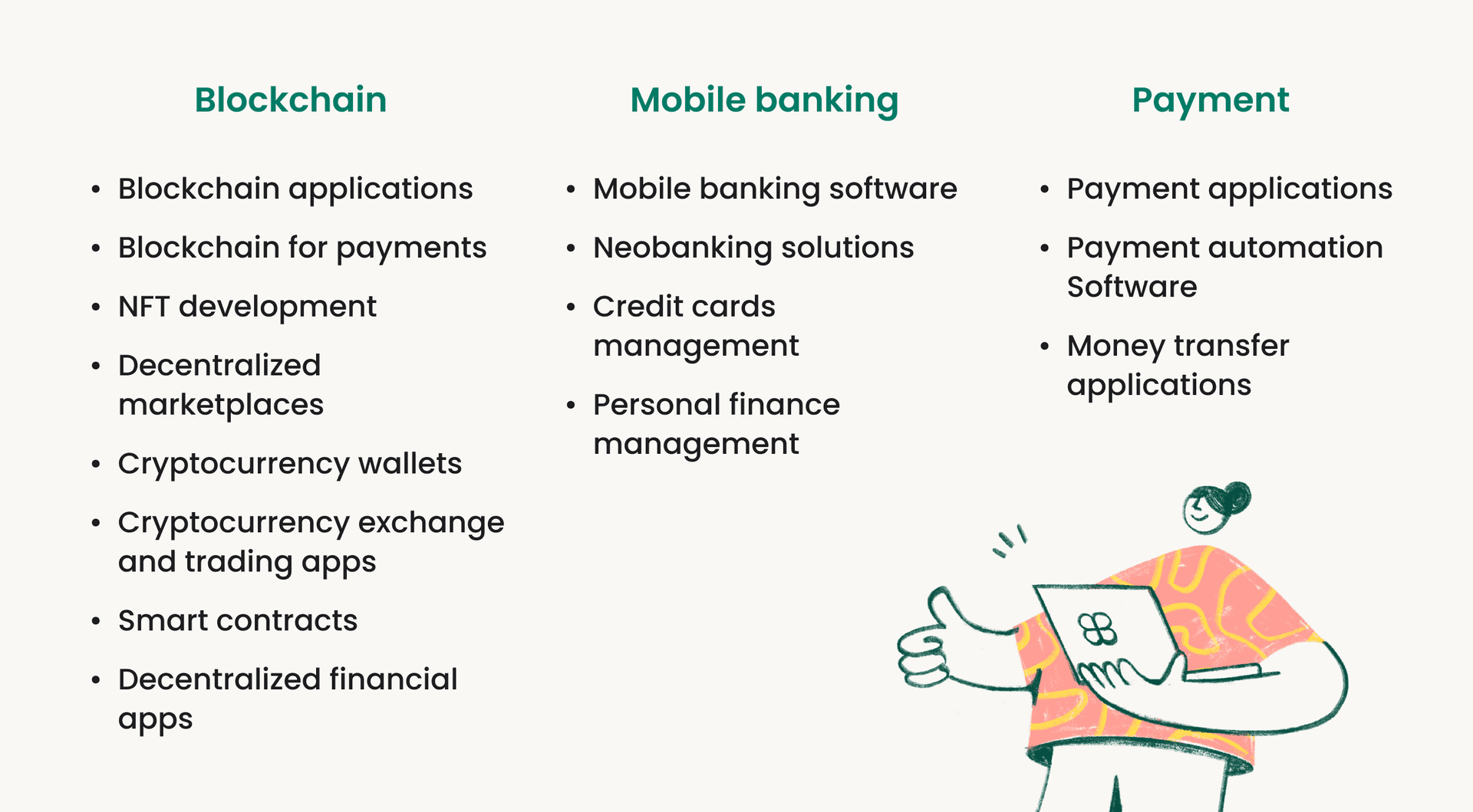 List of blockchain, mobile banking, and payment software solutions, including NFT development, cryptocurrency wallets, neobanking, and money transfer apps.