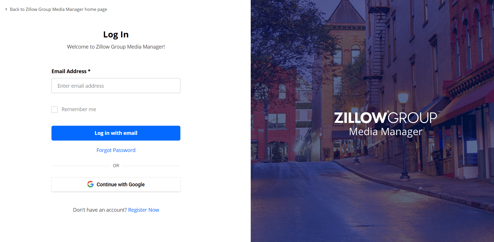 Zillow Group Media Manager login page with email and Google sign-in options alongside a city street background image.