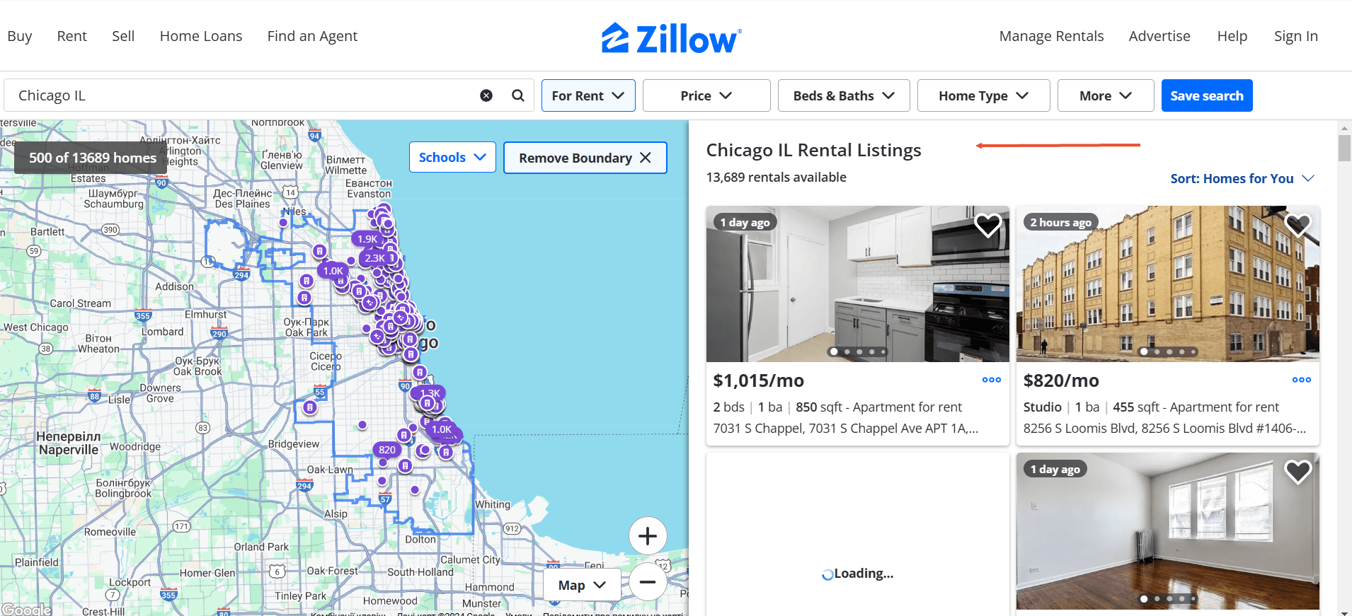 Zillow rental search interface for Chicago, IL, showing map with listings and property cards with prices, photos, and rental details.