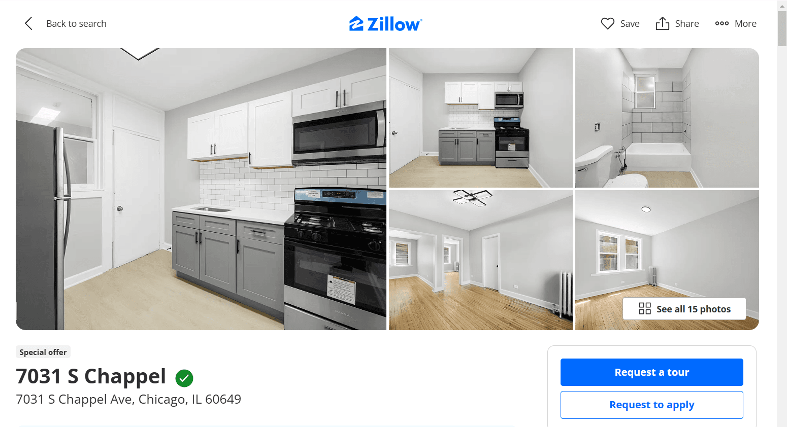 Zillow listing for 7031 S Chappel Ave, Chicago, showing modern kitchen, bathroom, and living space photos with options to request a tour or apply.
