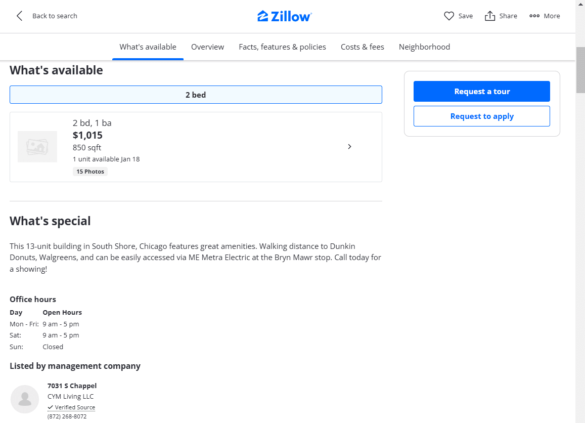 Zillow listing details for 7031 S Chappel, Chicago, showing 2-bed, 1-bath unit at $1,015/month, building description, office hours, and contact info.
