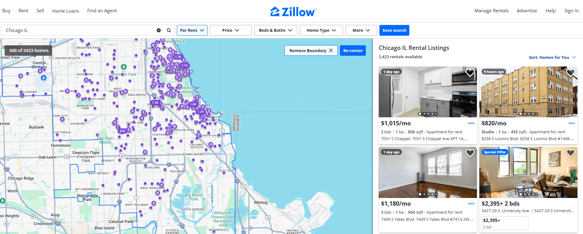 Zillow rental search results for Chicago, IL showing map with property locations and listings with price, photos, and details.