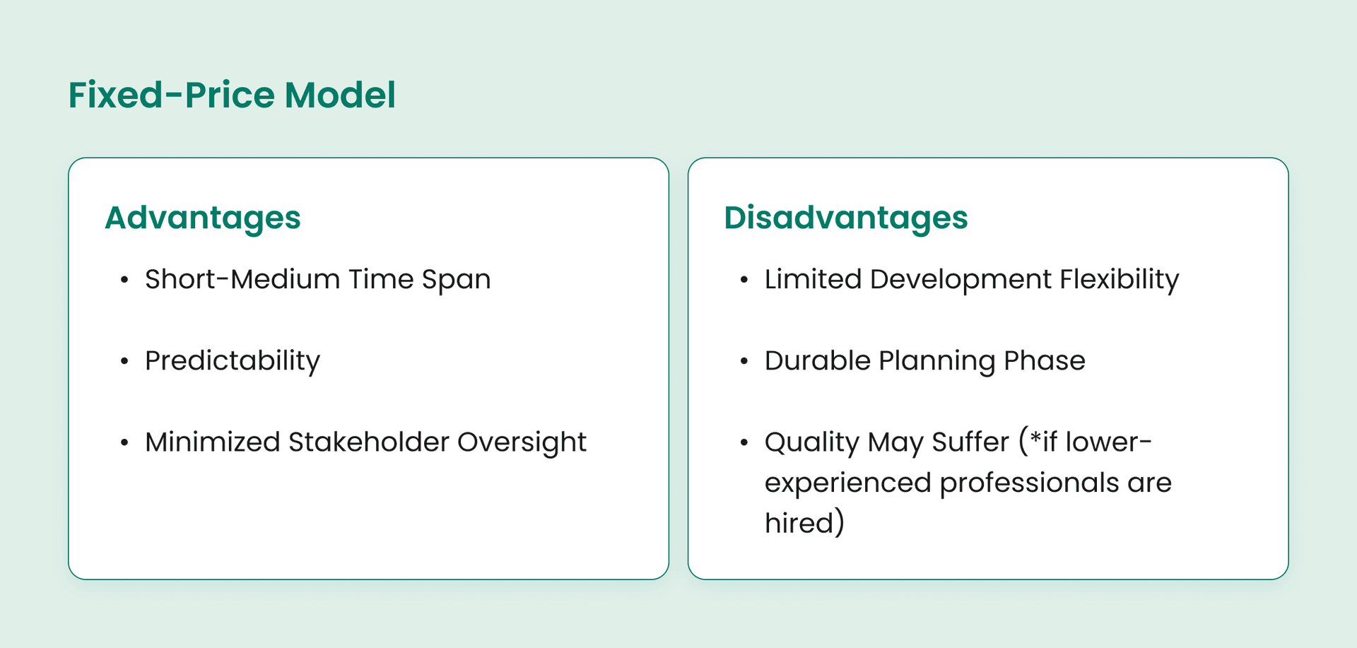 Advantages and disadvantages of the fixed-price model for IT software development outsourcing.