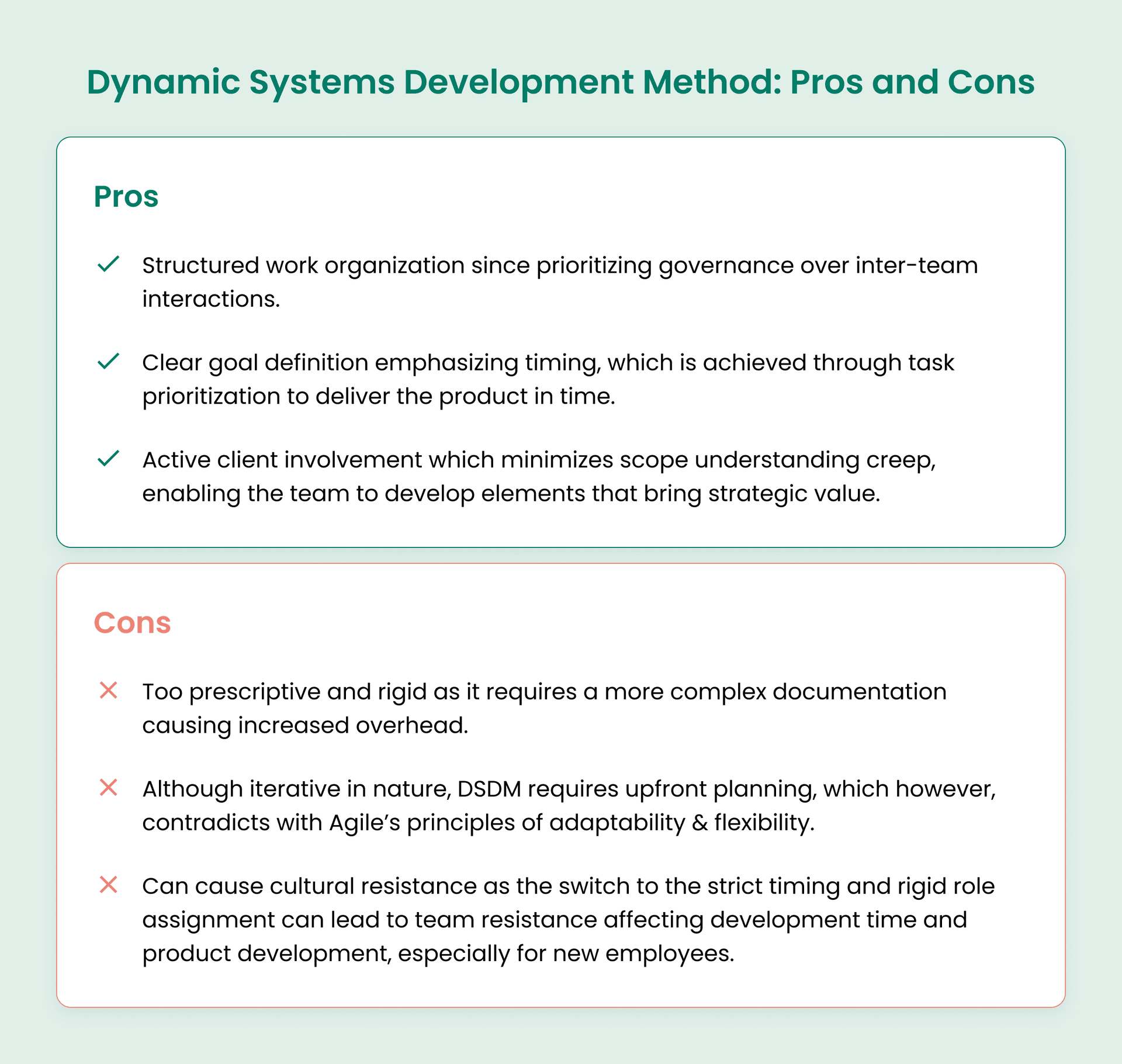 Dynamic Systems Development Method: Pros and Cons.