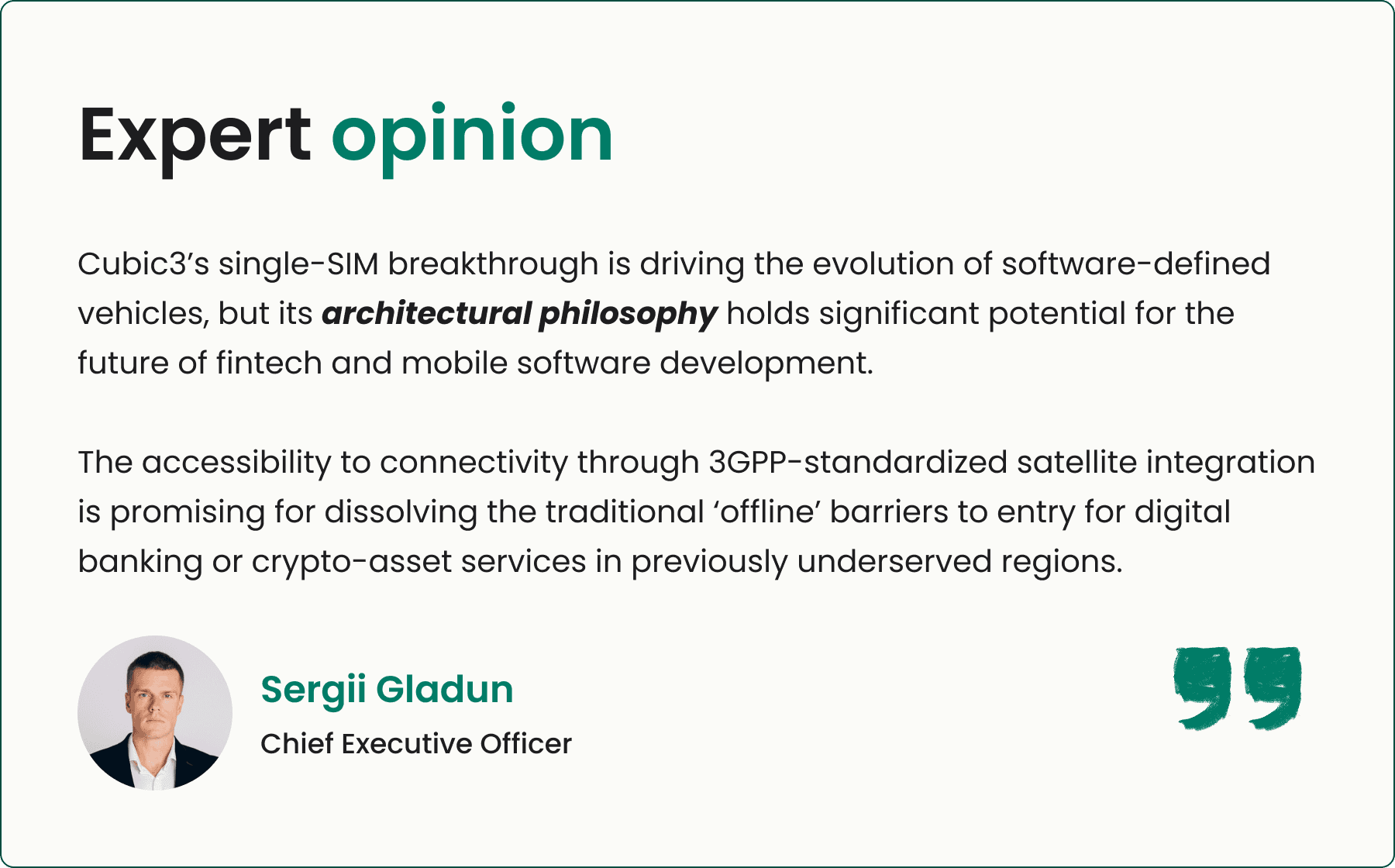 CEO at Agilie, Sergii Gladun on Cubic3's Single-SIM connectivity as architectural philosophy for the future of fintech, software, and mobile app development.